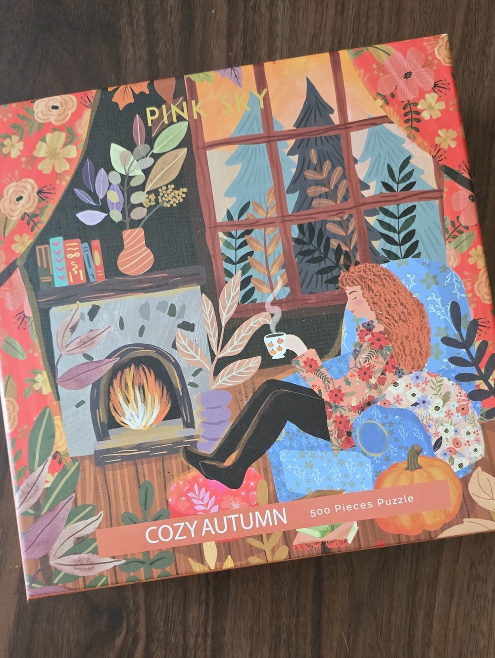 Pink Sky Cozy Autumn Puzzle - Colorful Autumn Illustration